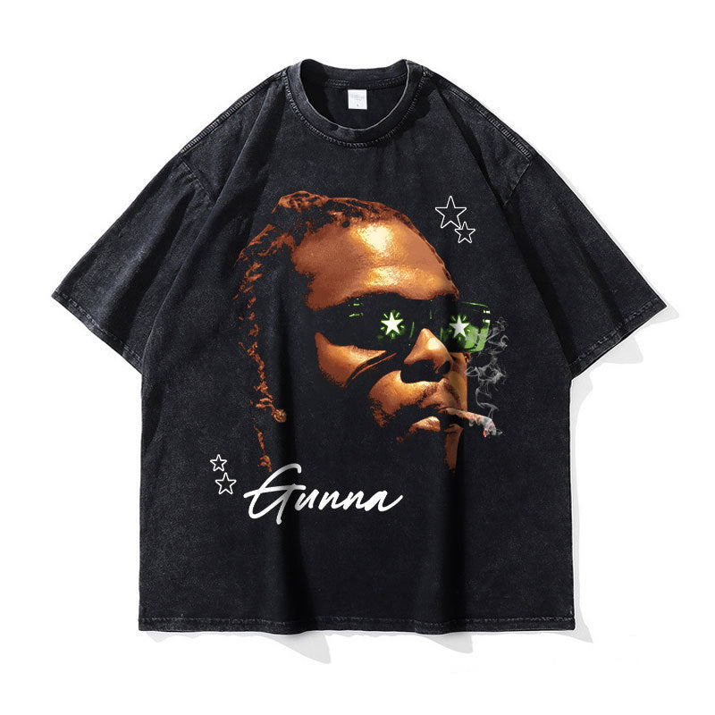 Big Face t Shirts Vintage Washed Hip Hop Rapper T-Shirt