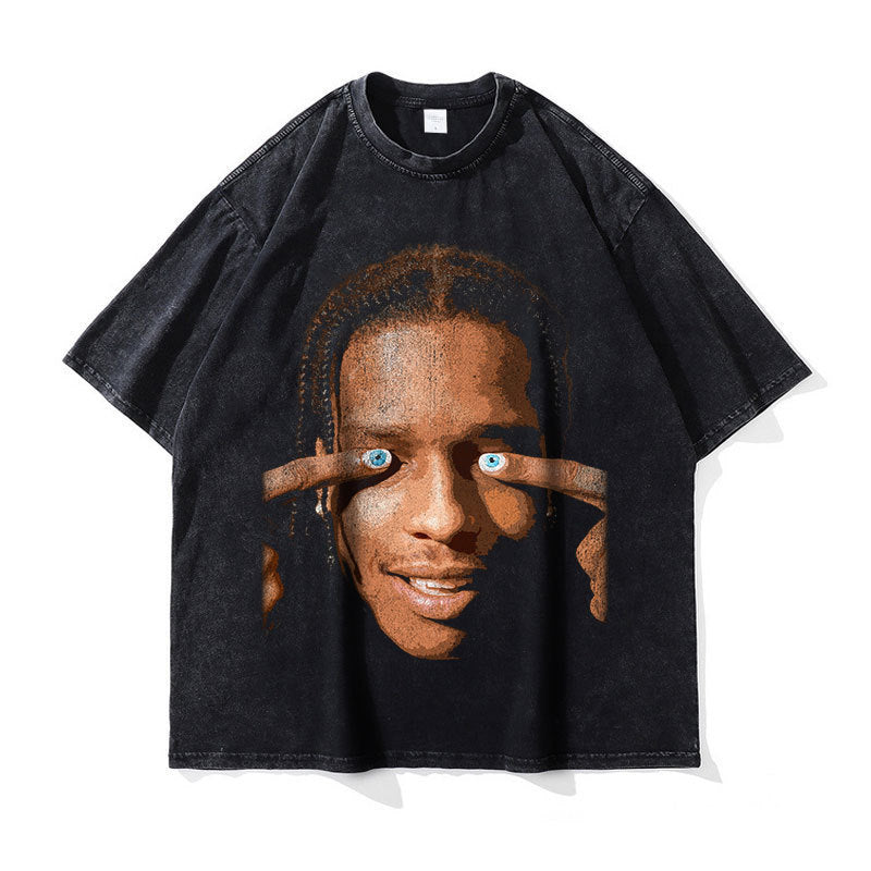 Big Face t Shirts Vintage Washed Hip Hop Rapper T-Shirt