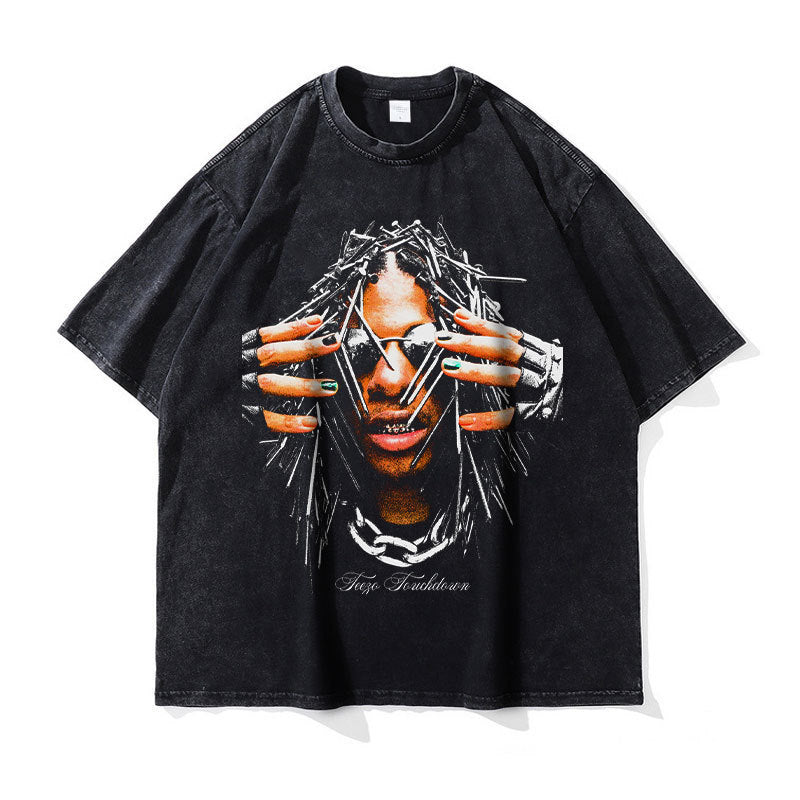 Big Face t Shirts Vintage Washed Hip Hop Rapper T-Shirt