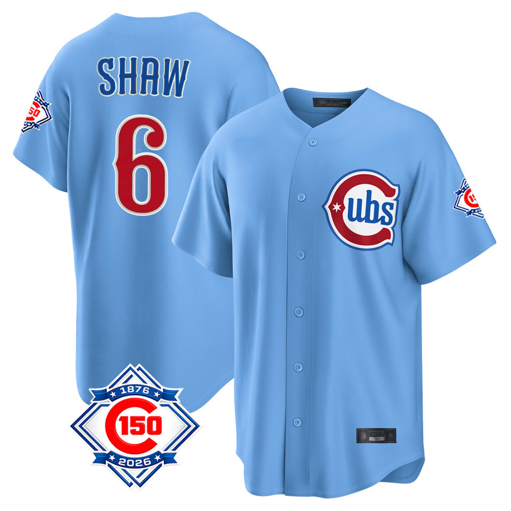 kiarac C.Cubs #6 Matt Shaw Player Light Blue 150th Anniversary Home Game Stitched Jerseys