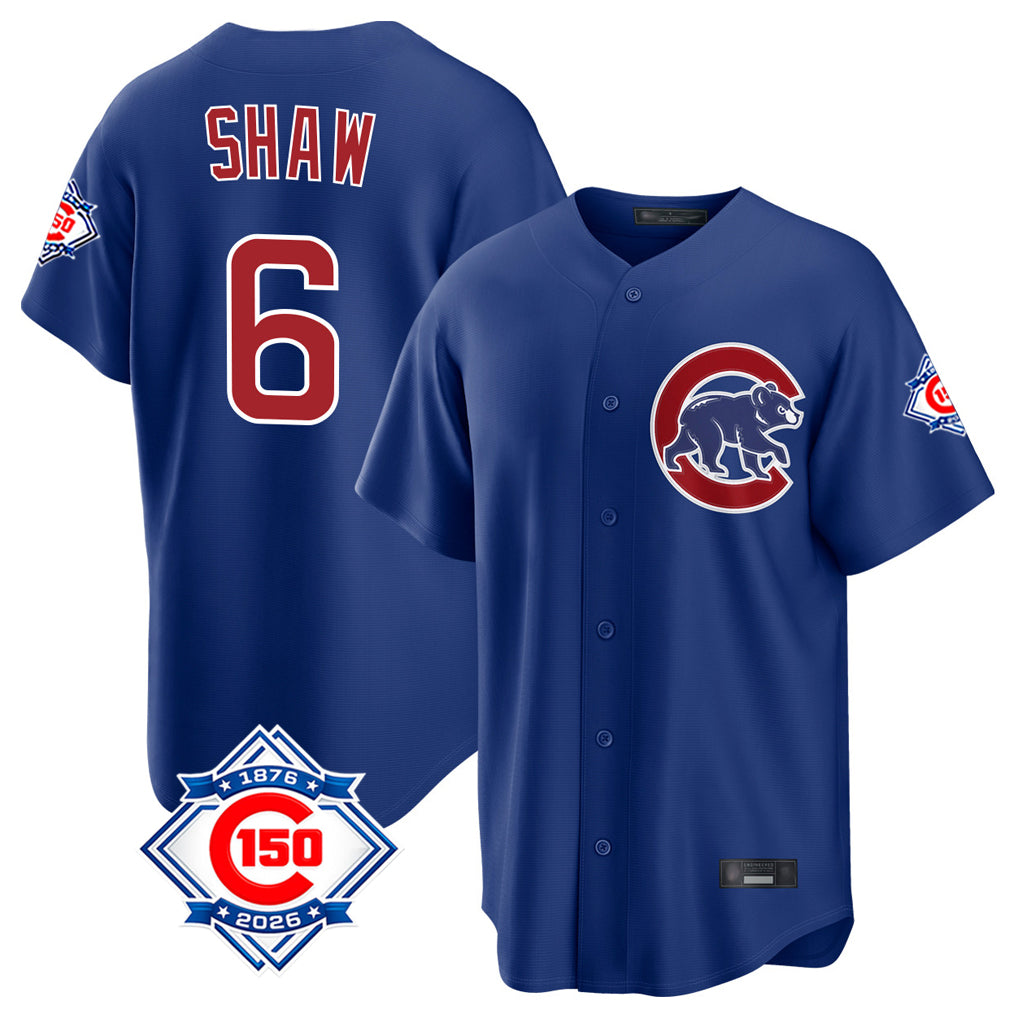 kiarac C.Cubs #6 Matt Shaw Player Royal 150th Anniversary Home Game Stitched Jerseys
