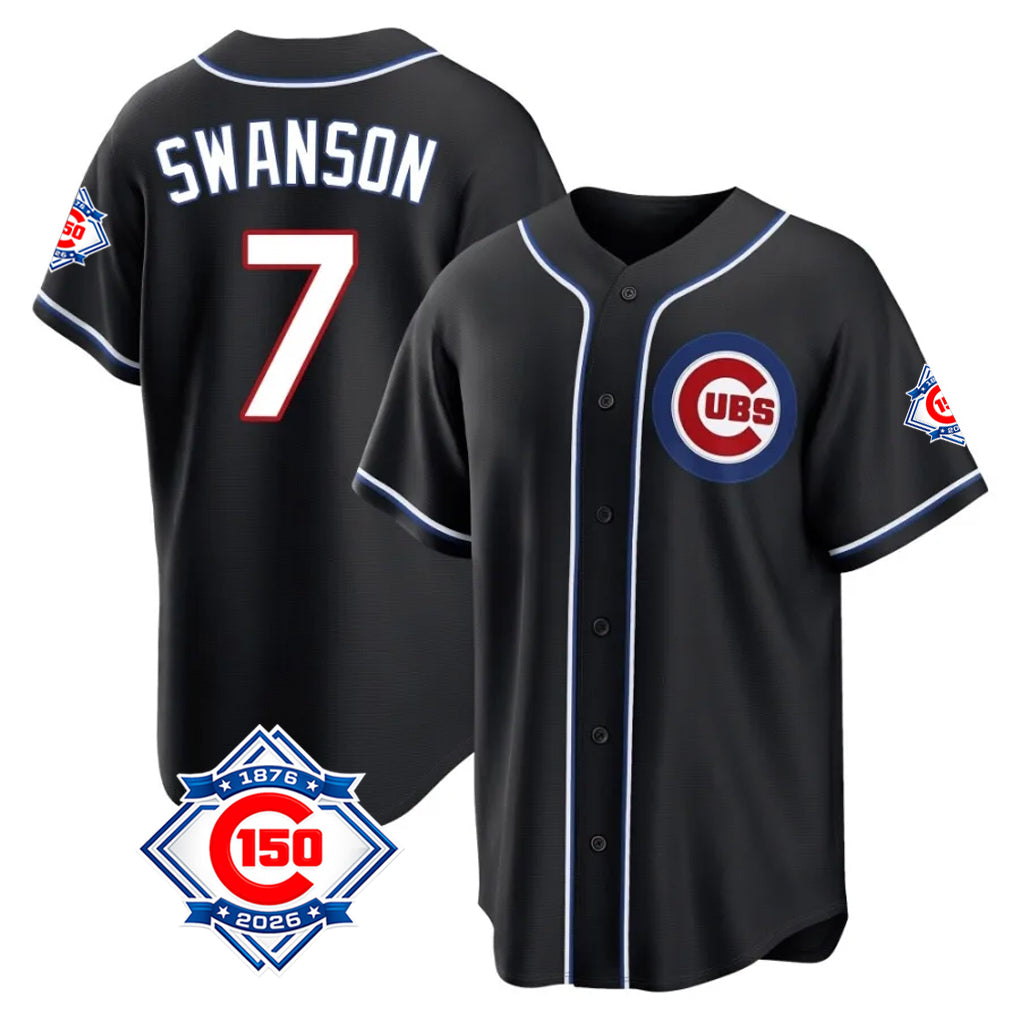 kiarac C.Cubs #7 Dansby Swanson Player Black Fashion Out 150th Anniversary Game Stitched Jerseys