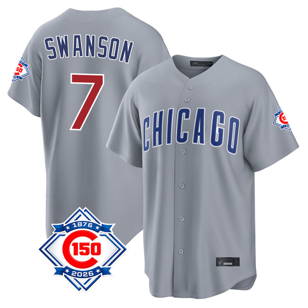 kiarac C.Cubs #7 Dansby Swanson Player Gray 150th Anniversary Home Game Stitched Jerseys