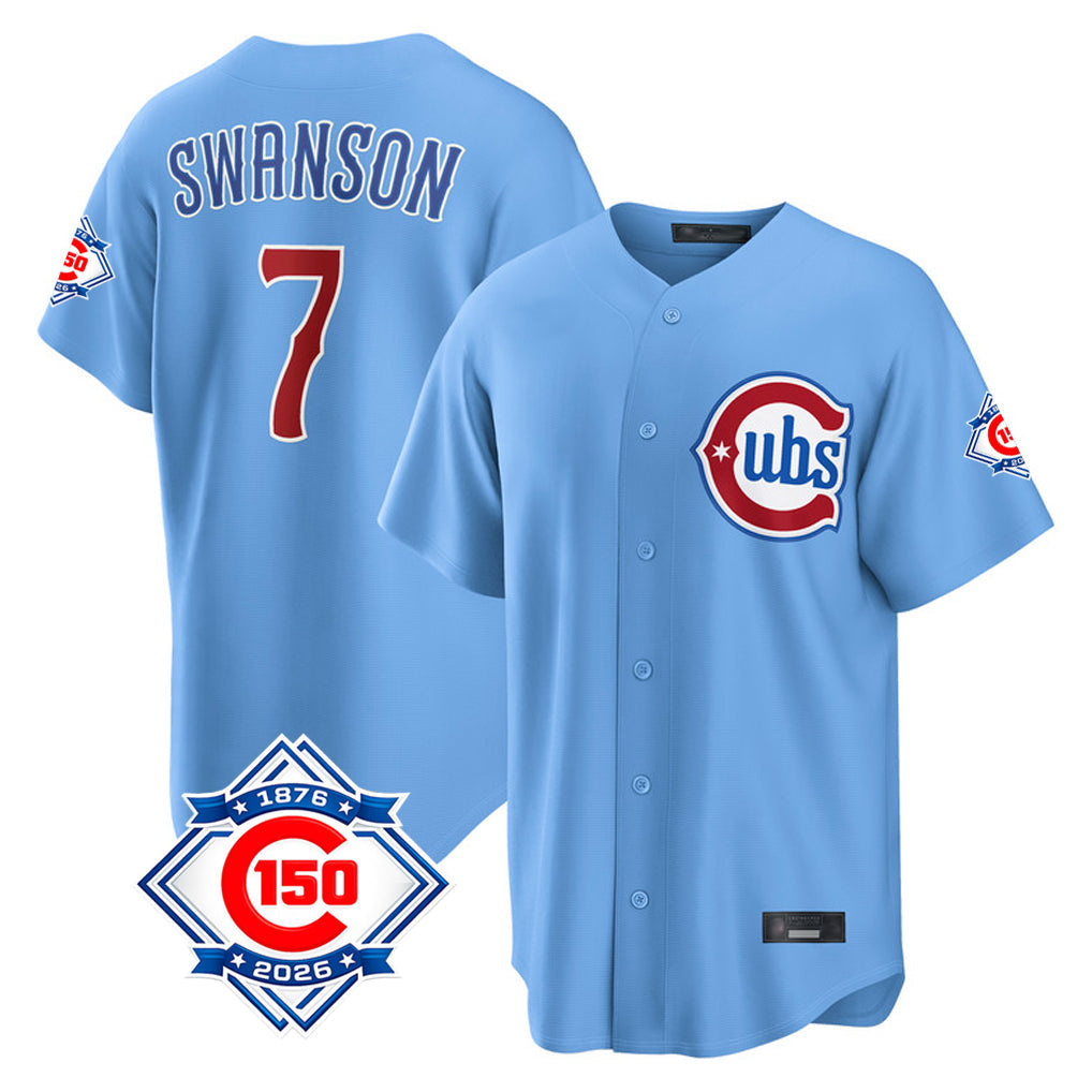 kiarac C.Cubs #7 Dansby Swanson Player Light Blue 150th Anniversary Home Game Stitched Jerseys