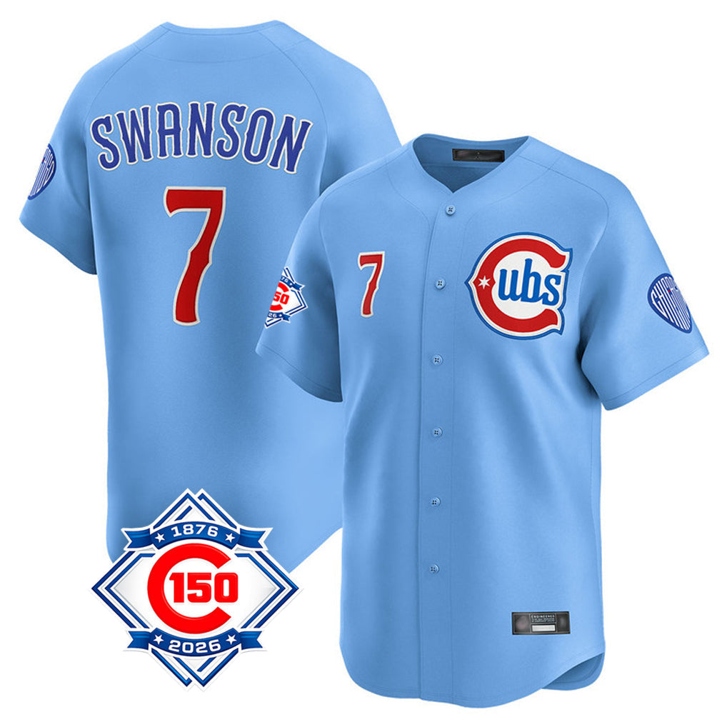 kiarac C.Cubs #7 Dansby Swanson Player Light Blue 150th Anniversary Limited Home Stitched Jerseys