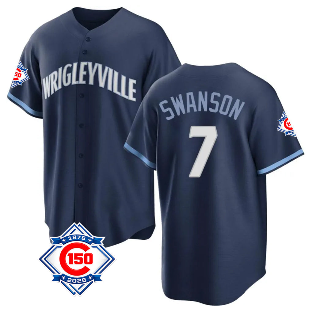 kiarac C.Cubs #7 Dansby Swanson Player Navy 150th Anniversary City Connect Home Game Stitched Jerseys