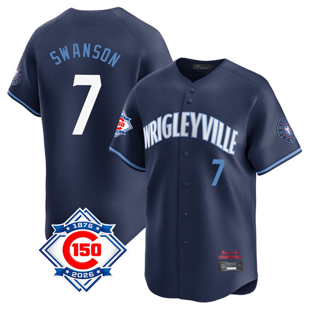 kiarac C.Cubs #7 Dansby Swanson Player Navy City Connect 150th Anniversary Limited Home Stitched Jerseys