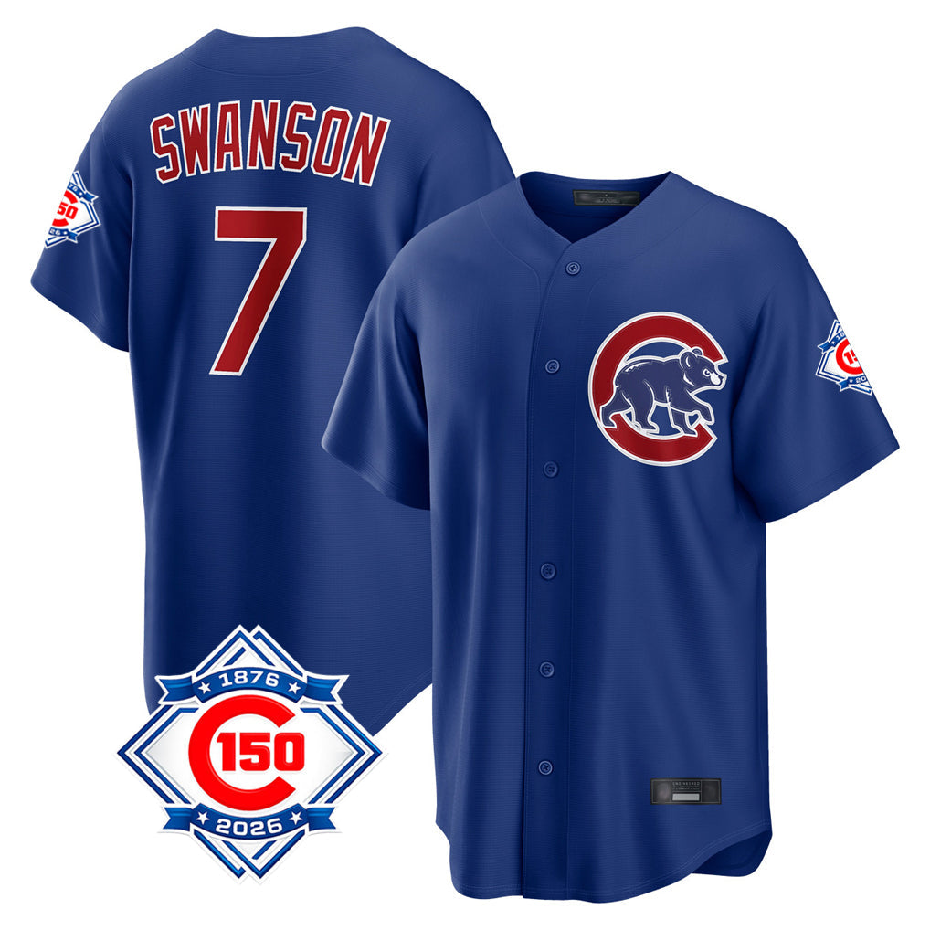 kiarac C.Cubs #7 Dansby Swanson Player Royal 150th Anniversary Home Game Stitched Jerseys