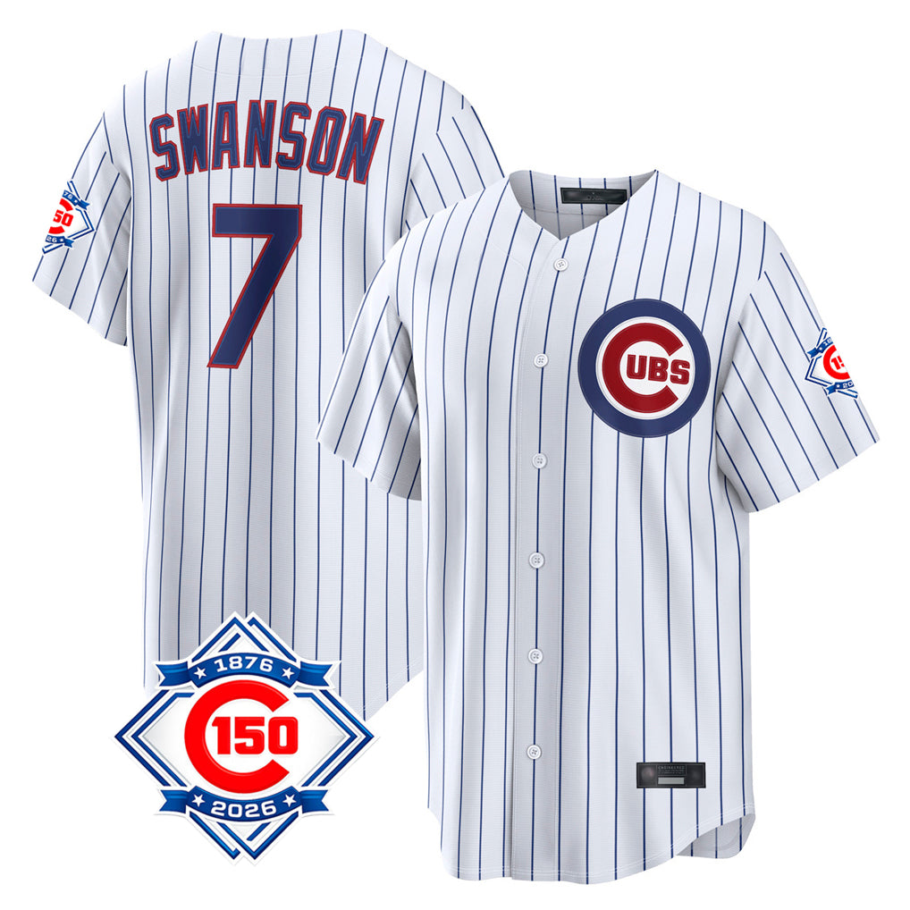 kiarac C.Cubs #7 Dansby Swanson Player White 150th Anniversary Game Home Stitched Jerseys