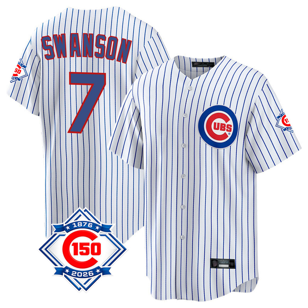 kiarac C.Cubs #7 Dansby Swanson Player White 150th Anniversary Home Game Stitched Jerseys
