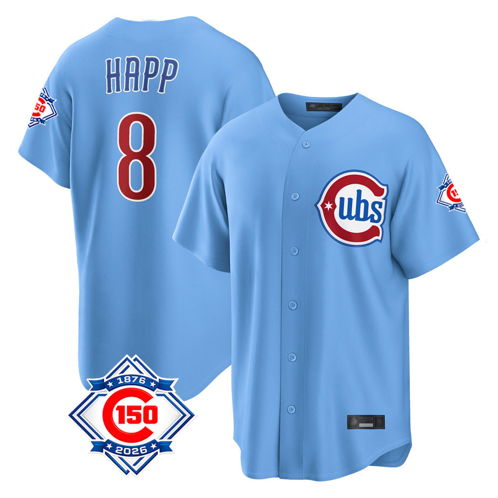 kiarac C.Cubs #8 Ian Happ Player Light Blue 150th Anniversary Home Game Stitched Jerseys
