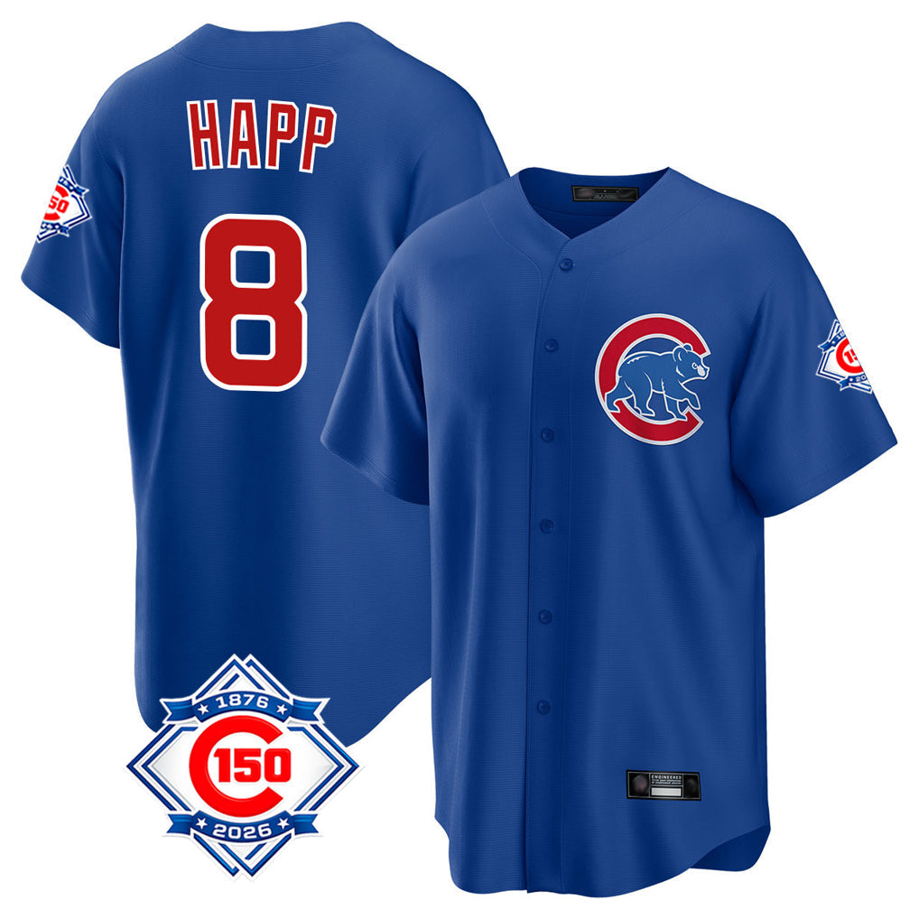 kiarac C.Cubs #8 Ian Happ Player Royal 150th Anniversary Home Game Stitched Jerseys