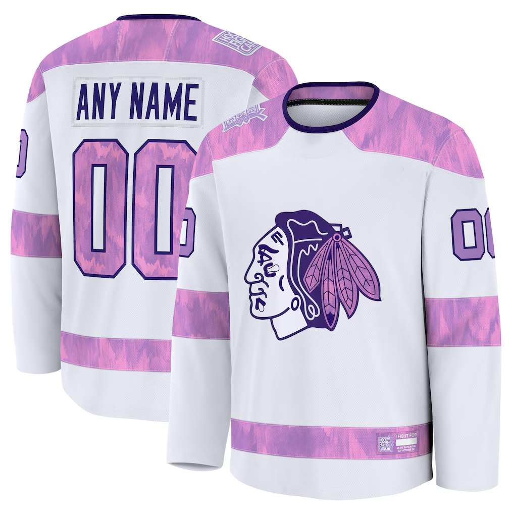 Kiarac Custom C.Blackhawks White 2024 Hockey Fights Cancer Practice Jerseys