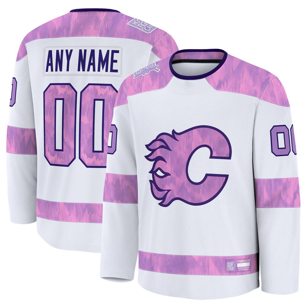 Kiarac Custom C.Flames White 2024 Hockey Fights Cancer Practice Jerseys