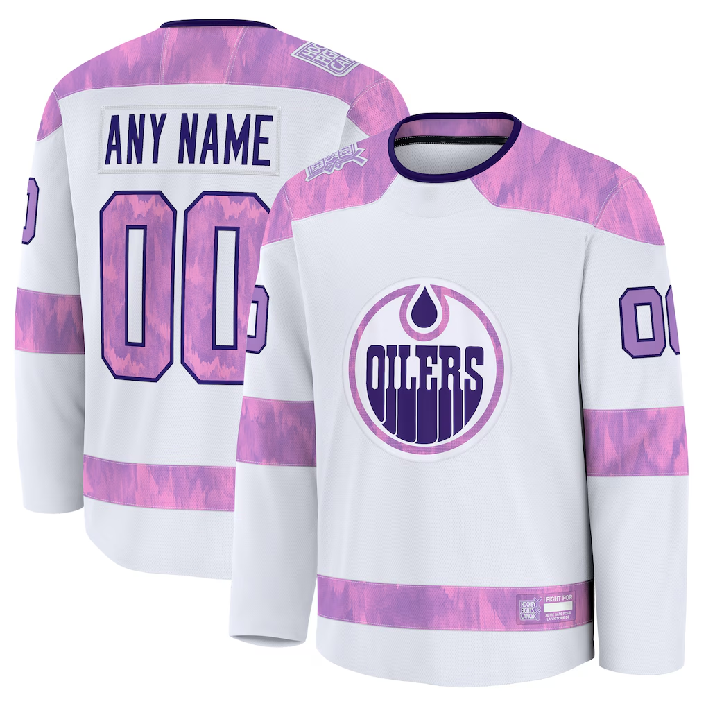 Kiarac Custom E.Oilers White 2024 Hockey Fights Cancer Practice Jerseys