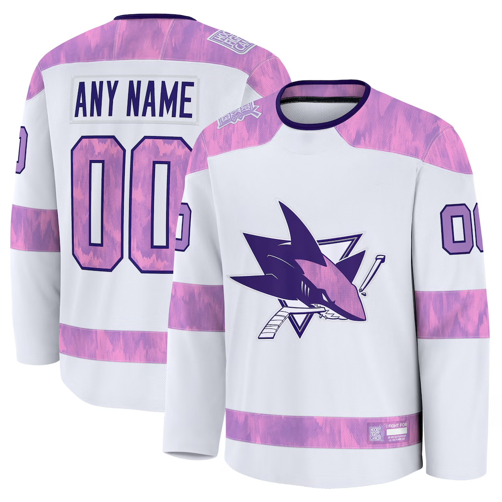 Kiarac Custom SJ.Sharks White 2024 Hockey Fights Cancer Practice Jerseys