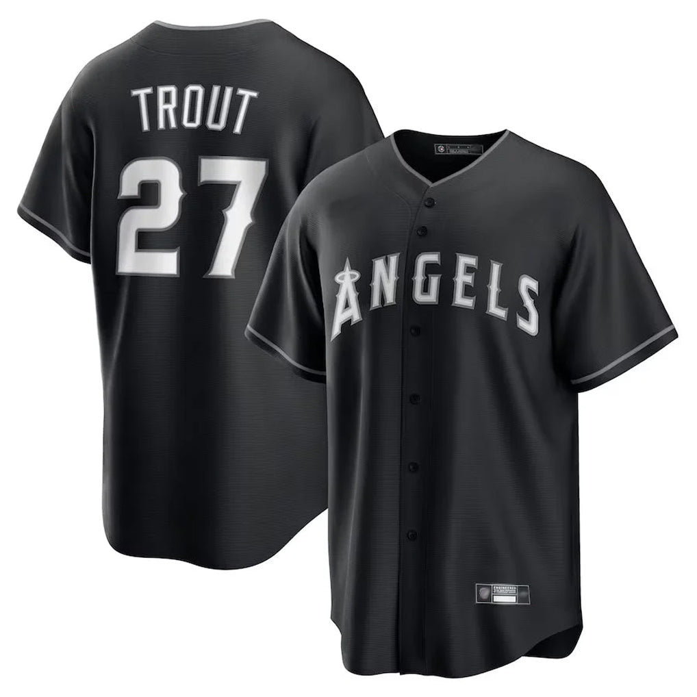 kiarac LA.Angels #27 Mike Trout Player Black Lights Out Fashion T-shirt Stitched Jerseys