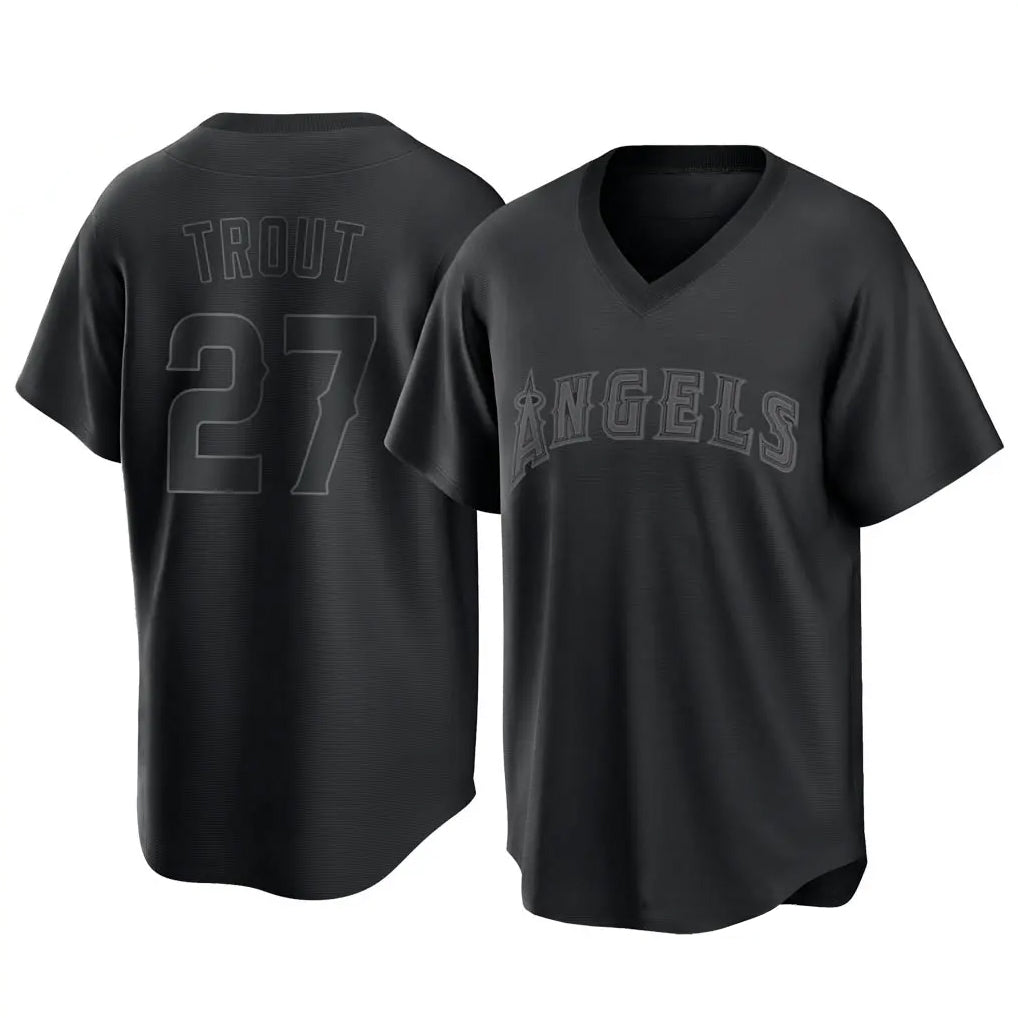 kiarac LA.Angels #27 Mike Trout Player Black Pitch Fashion T-shirt Stitched Jerseys