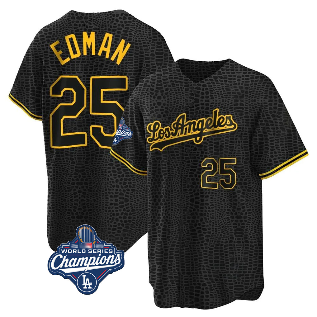 kiarac LA.Dodgers #25 Tommy Edman Player Black World Series Meet Snake Skin City Game Home Stitched Jerseys