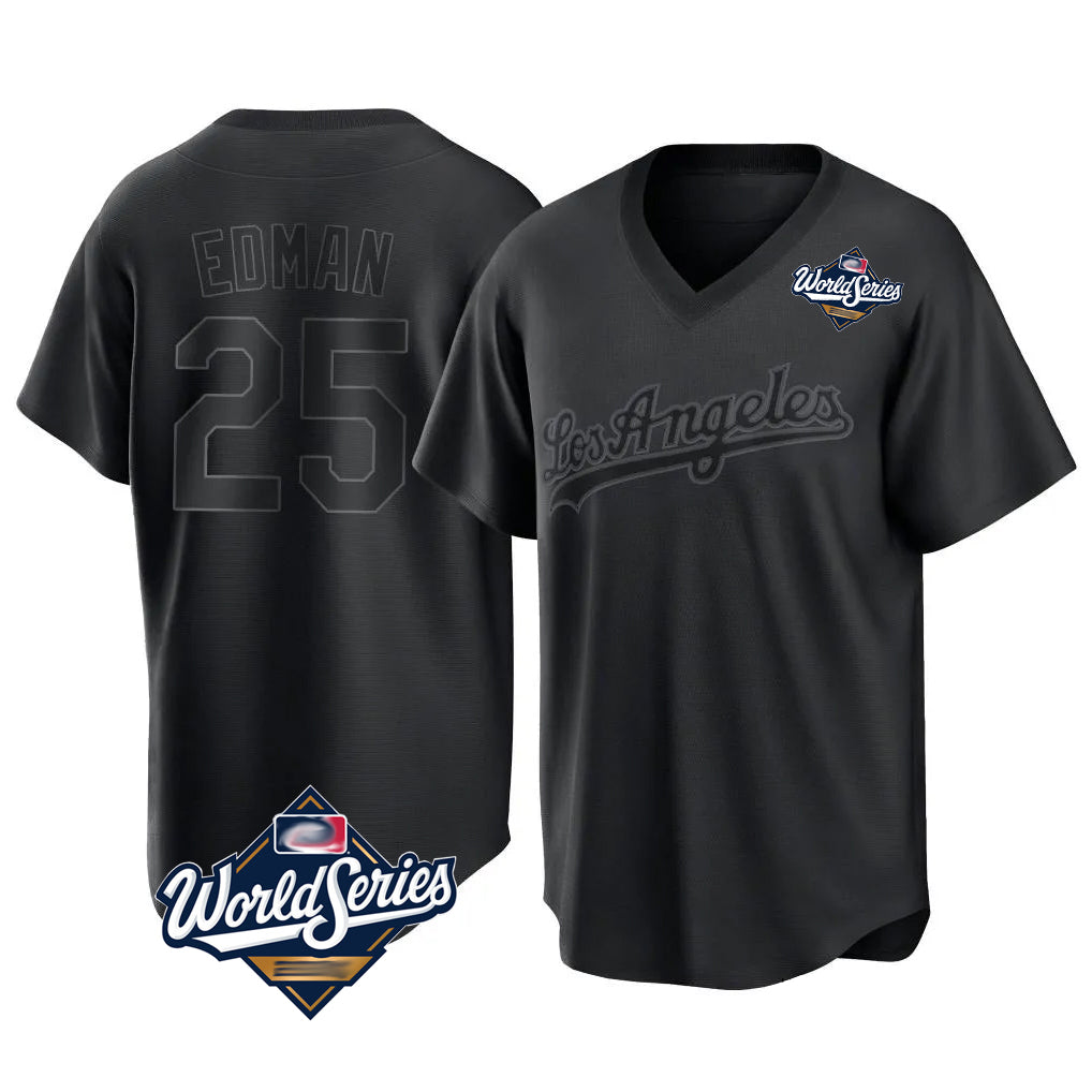 kiarac LA.Dodgers #25 Tommy Edman Player Black World Series Pitch Fashion T-shirt Stitched Jerseys