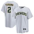 kiarac M.Brewers #2 Brice Turang Player White Stripes Home Game Stitched Jerseys