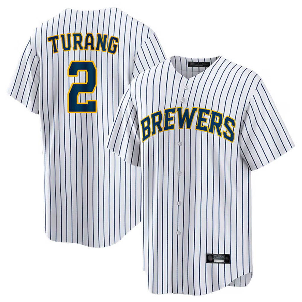 kiarac M.Brewers #2 Brice Turang Player White Stripes Home Game Stitched Jerseys