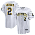 kiarac M.Brewers #2 Brice Turang Player White Stripes Home Limited Game Stitched Jerseys